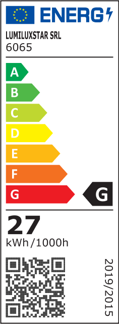 Eticheta energetica clasa G, consum 27 kWh/1000h, lustra LED inel 27W