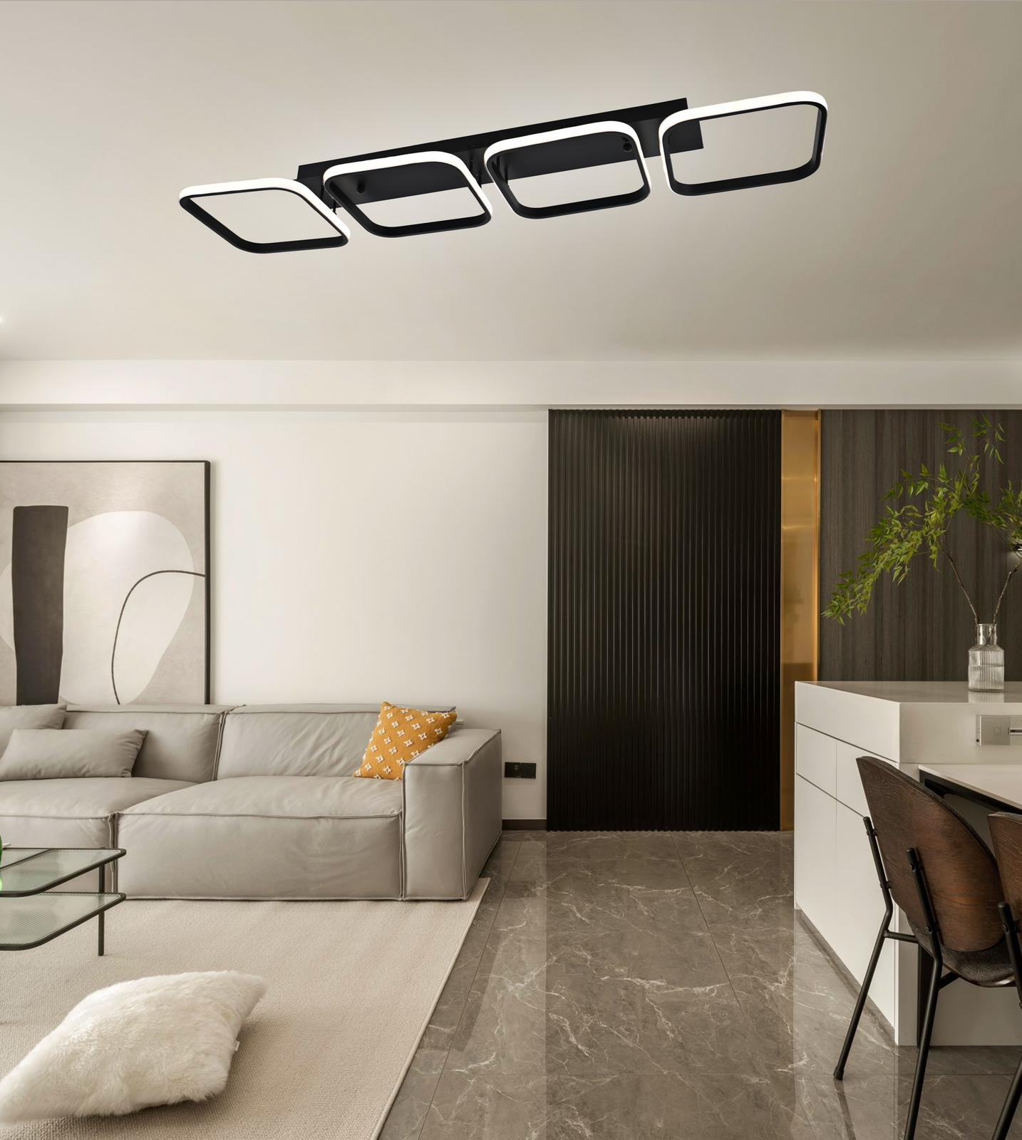 Plafoniera LED patrate negru montata pe tavan in sufragerie moderna, 5000 lm iluminare uniforma