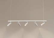 Lustra LED 15W 1500lm 4000K cu 5 proiectoare orientabile, bara cilindrica alba suspendata, design minimalist