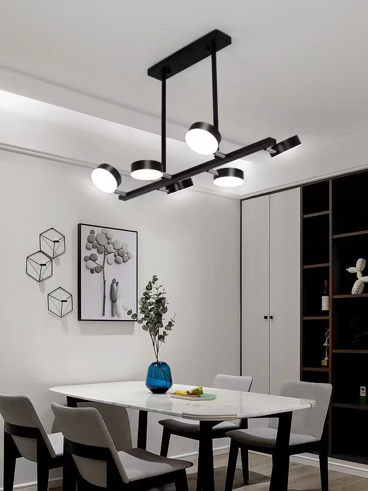 Lustra LED liniara neagra 100W 5000lm cu 6 surse integrate, lumina reglabila, montata pe tavan deasupra mesei de dining