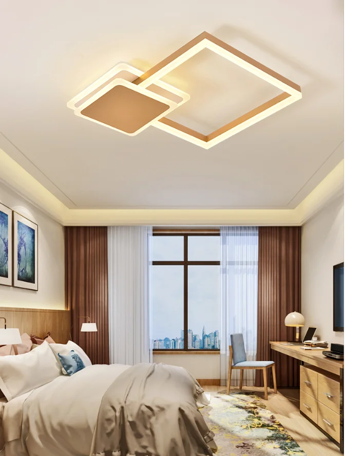 Lustra LED aplicata plafon, design dublu cadru patrat auriu, 48W, lumina calda/neutra/rece reglabila, montaj dormitor modern