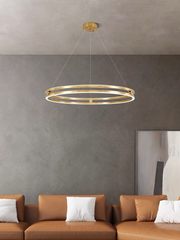 Lustra LED inel dublu auriu 136W 8000 lumeni, suspendata deasupra canapelei, lumina reglabila calda/rece/neutra