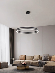 Lustra LED inel dublu negru 136W 8000lm, suspendata in living modern, lumina reglabila 3000K-6500K