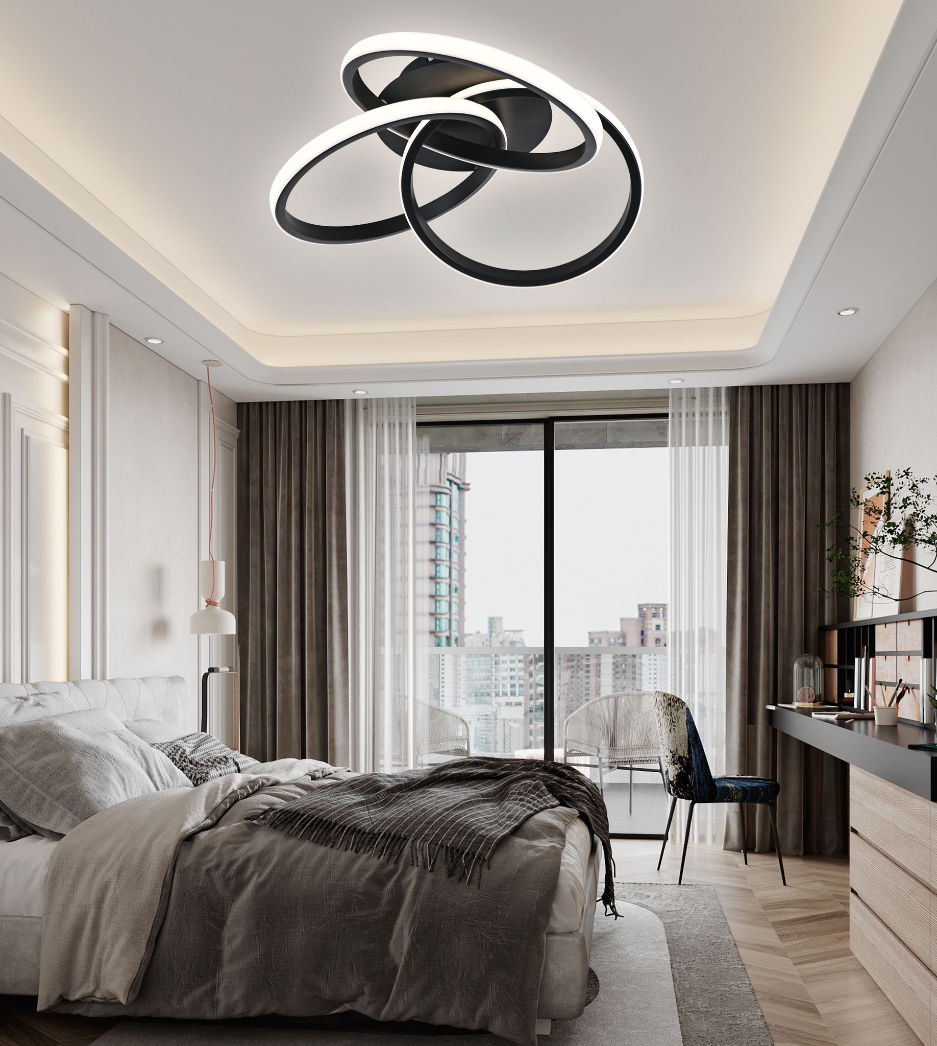 Plafoniera LED 84W cu inele intrepatrunse negre, montaj tavan dormitor elegant cu lumina calda