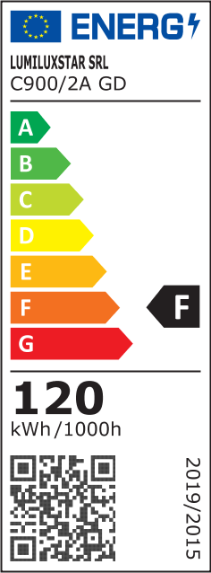 Eticheta energetica clasa F, consum 120 kWh/1000h, pentru lustra LED cu cercuri, 120W