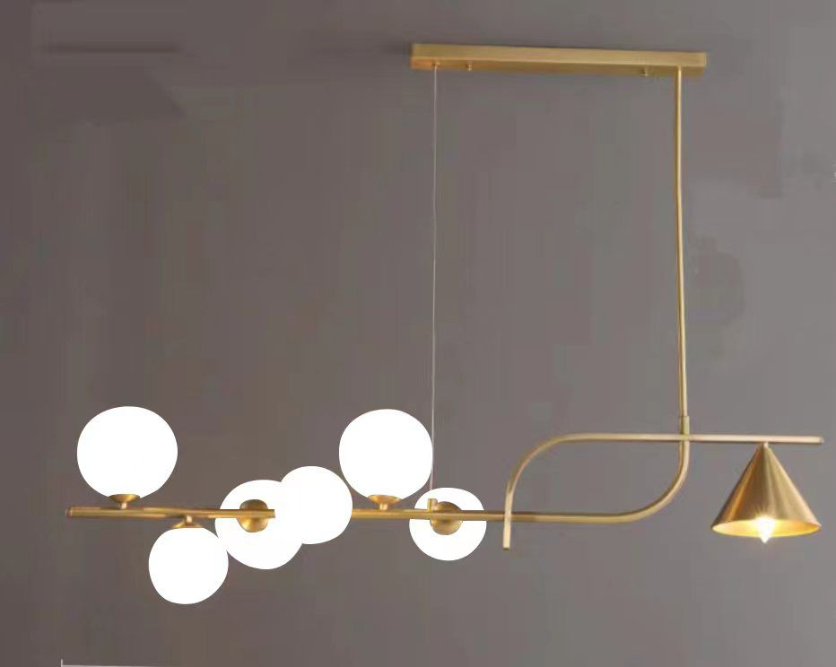 Lustra suspendata liniara aurie cu 6 globuri opal si abajur conic, 120 cm, design mid-century modern, E14/E27