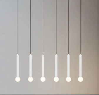 Lustre LED suspendate in grup, tub alb cu glob opal, aranjament liniar multiplu