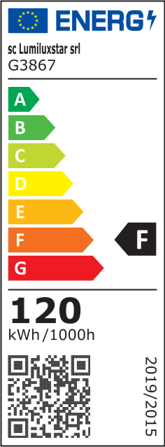 Eticheta energetica clasa F, consum 120 kWh/1000h, lustra LED tavan