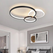 Plafoniera LED 108W cu inele din metal negru si difuzor acril cu stele, lumina calda, montaj tavan, living modern