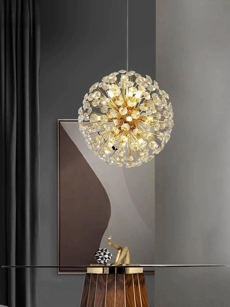 Candelabru glob cristal auriu D36cm, 9xG9, design papadie, suspendat deasupra unei mese de intrare