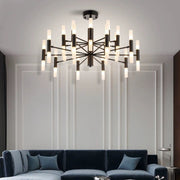 Lustra LED cu 40 surse G4, structura metalica neagra radianta, abajururi cilindrice acril mat, D850mm, living modern