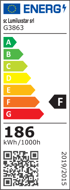 Eticheta energetica clasa F, 186 kWh/1000h, lustra LED suspendata cu inele, 186W