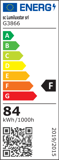 Eticheta energetica clasa F, consum 84 kWh/1000h, plafoniera LED tavan
