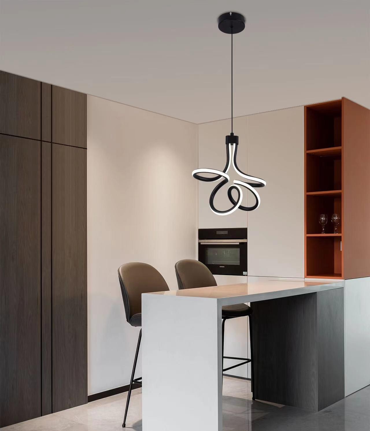 Lustra LED 30W suspendata deasupra insulei de bucatarie, design panglica rasucita, negru mat, lumina neutra