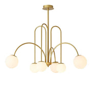Lustra suspendata aurie cu 6 globuri albe mat, brate arcuite, soclu G9, diametru 800mm, design art-deco
