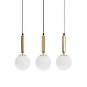 Lustra suspendata cu 3 globuri sticla alba mata, suport metalic auriu, soclu E27, max 60W