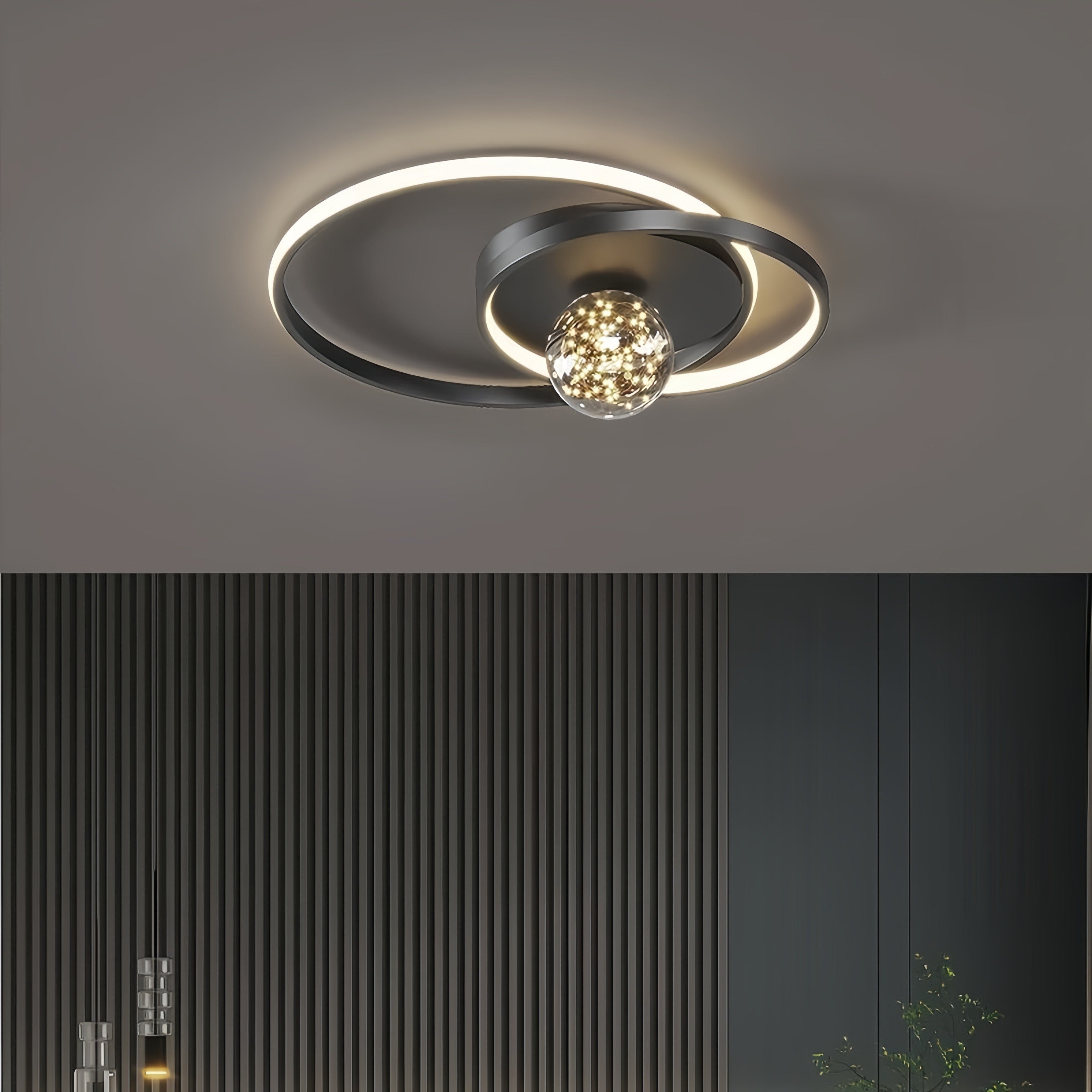 Lustra LED tavan 100W 5000lm dublu inel cu glob cristal, lumina calda/neutra/rece, dimabila, telecomanda WiFi