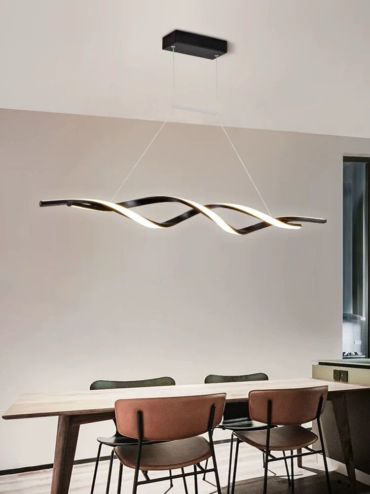 Lustra LED suspendata cu forma sinuoasa neagra, montaj tavan, deasupra mesei de dining