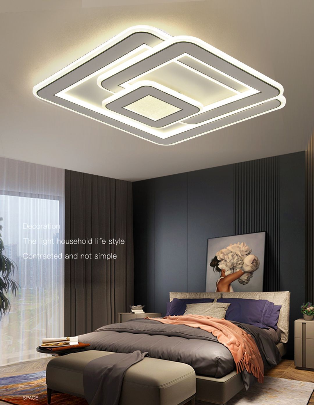 Plafoniera LED patrata montata pe tavan in dormitor modern, lumina calda si rece reglabila WiFi