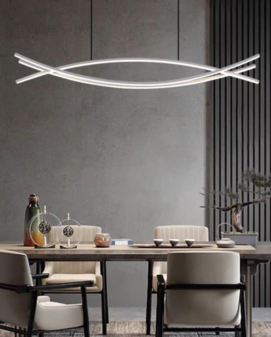 Lustra LED suspendata 80W, 6000 lumeni, design dublu-arc alb, deasupra mesei de dining