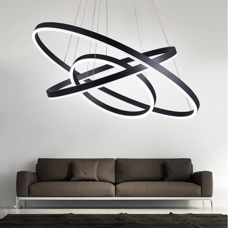 Lustra LED suspendata 68W cu 3 inele negre mate, lumina reglabila alb cald-neutru-rece, design minimalist modern