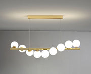 Lustra LED suspendata cu 11 globuri opal pe bara aurie, design Nordic liniar, montaj tavan, becuri G9