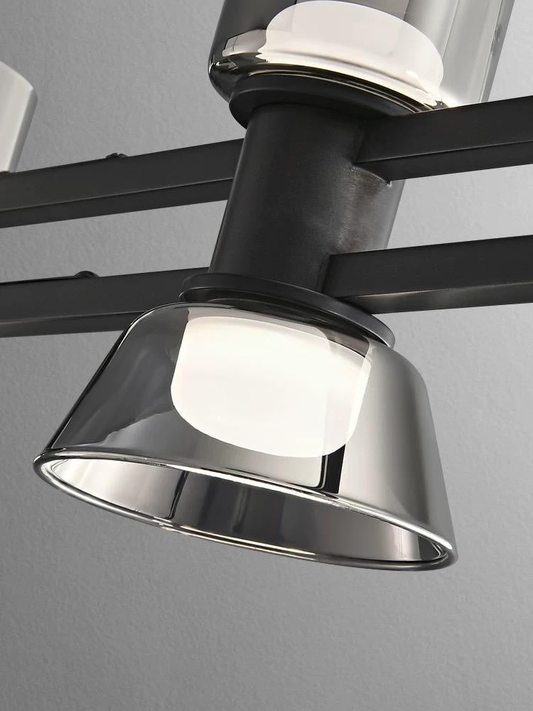 Lustra LED pendul, detaliu abajur cromat lucios cu sursa G4 pe bara neagra mata
