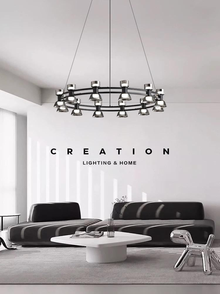 Lustra LED circulara 72W suspendata, rama neagra mata cu abajururi din sticla fumata, lumina neutra 4000K, living modern