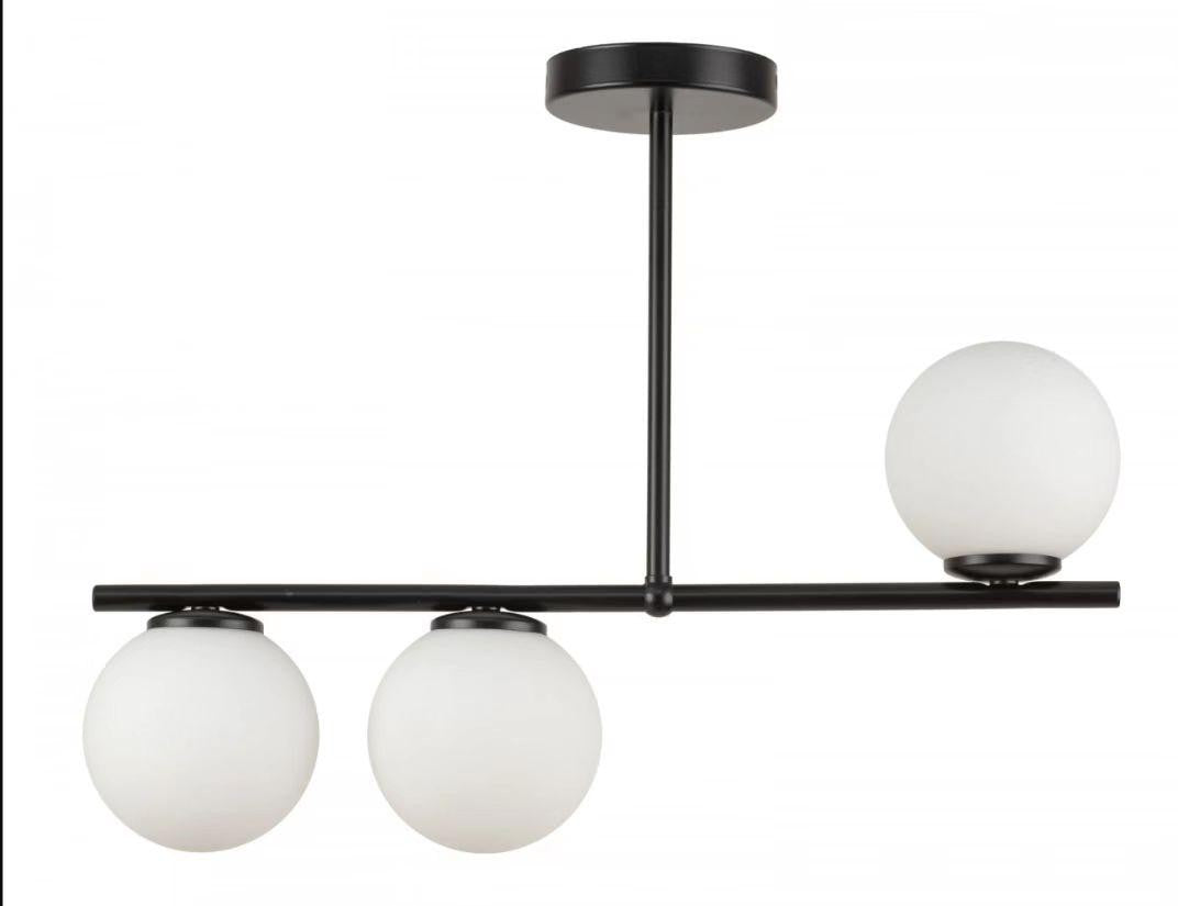 Lustra moderna 3 globuri sticla opalina, structura metalica neagra mata, montaj tavan, max 3x40W E27, latime 55cm