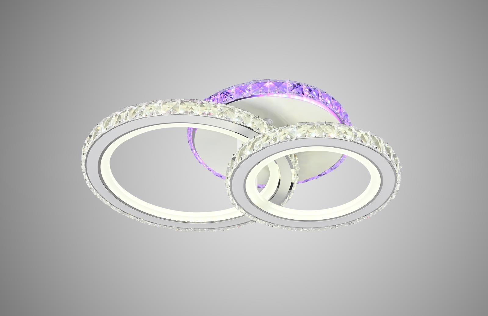 Lustra LED RGB cristal doua inele intrepatrunse, 56W, 2500 lm, lumina calda/rece/neutra, efect violet decorativ