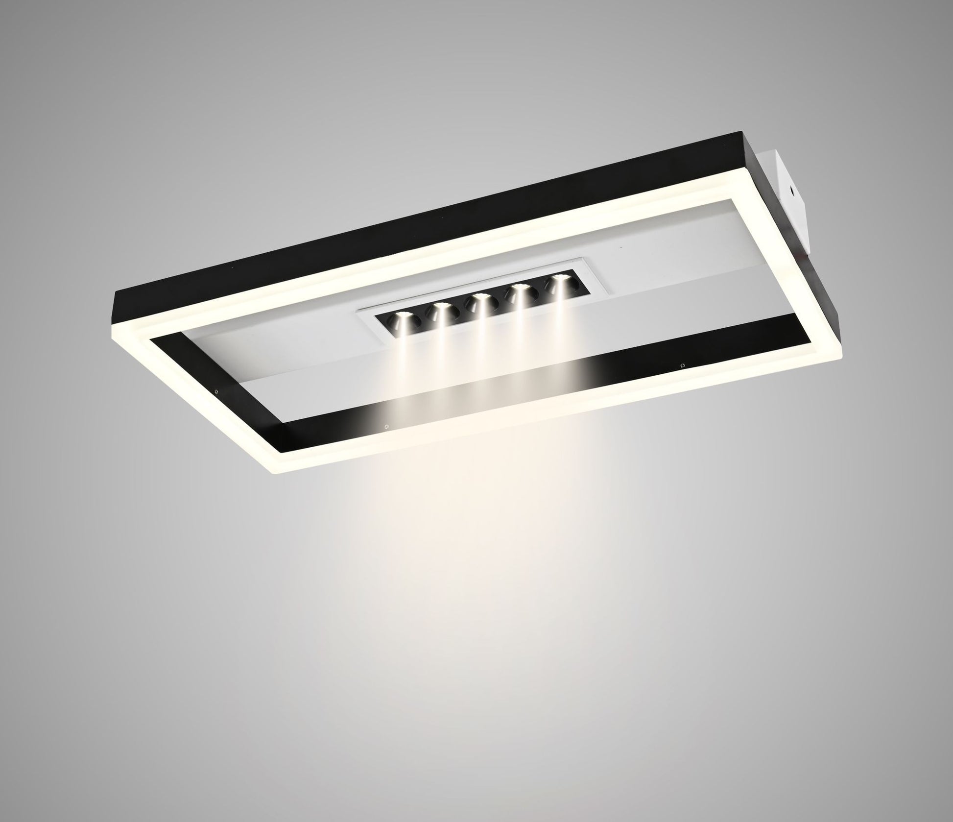Lustra LED 36W montaj tavan, rama neagra rectangulara cu spoturi centrale si inel luminos difuz, 1600 lm