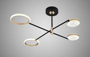 Lustra LED 42W cu telecomanda WiFi, inele si discuri cristaline auriu-negru, 3 temperaturi culoare, 2000 lm