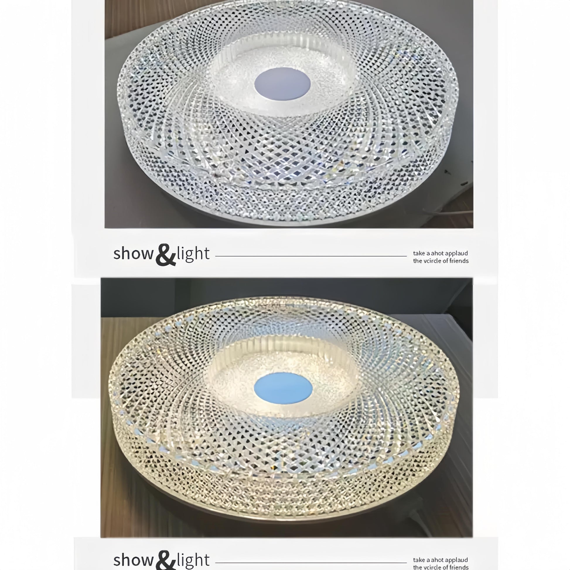 Plafoniera LED cristal stins si aprins, efect luminos decorativ vizibil prin abajurul geometric transparent