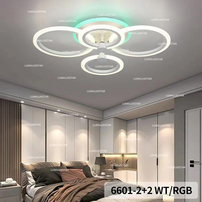 Plafoniera LED 4 inele cu RGB, 90W, 4500 lm, montaj tavan, lumina alba si ambienta colorata, dormitor modern