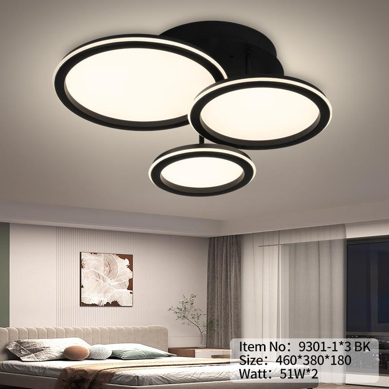 Lustra LED tavan 102W, 3 inele negre asimetrice, lumina reglabila 3000K-6000K, montaj aplicat, design modern dormitor