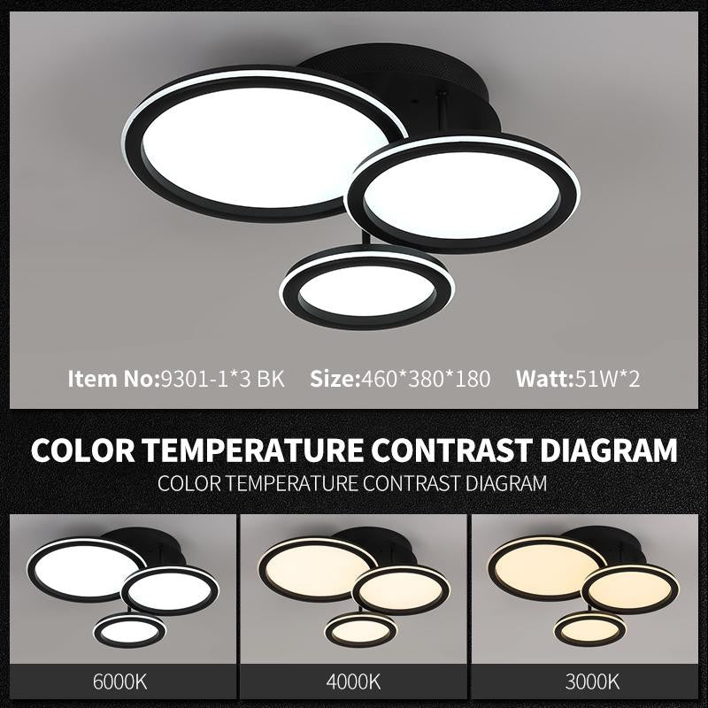 Plafoniera LED cu 3 cercuri negre, comparatie temperatura culoare 3000K, 4000K si 6000K selectabila