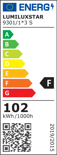Eticheta energetica clasa F, consum 102 kWh/1000h, plafoniera LED tavan