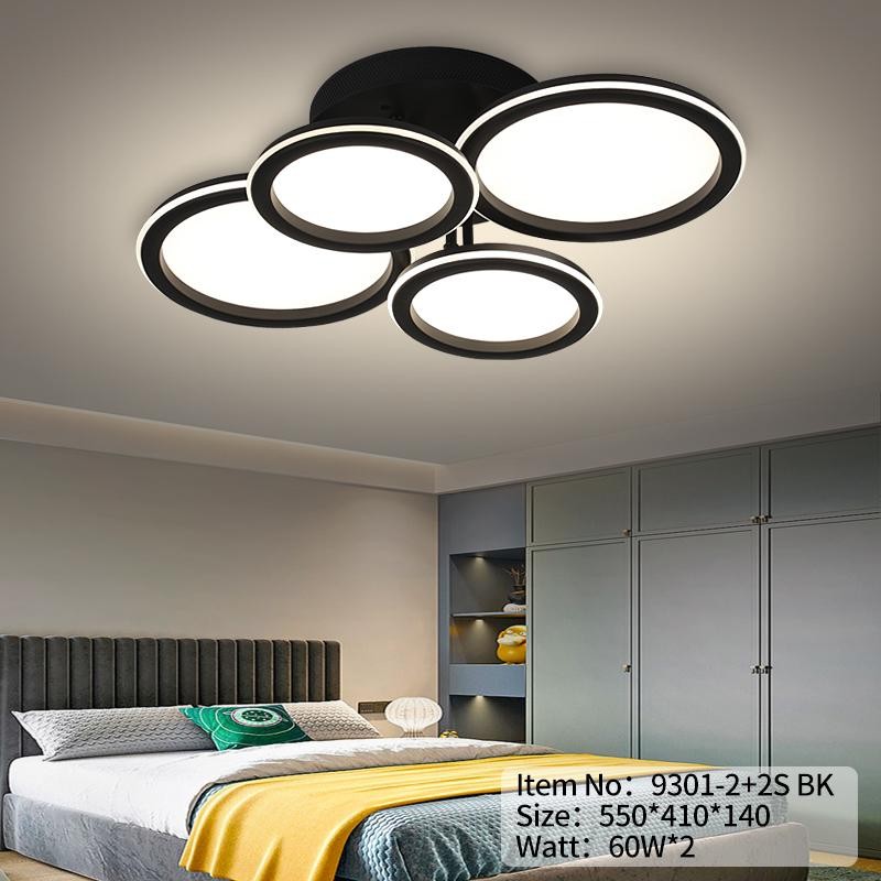 Plafoniera LED neagra 120W, 4 inele circulare, montaj aplicat pe tavan, dormitor modern