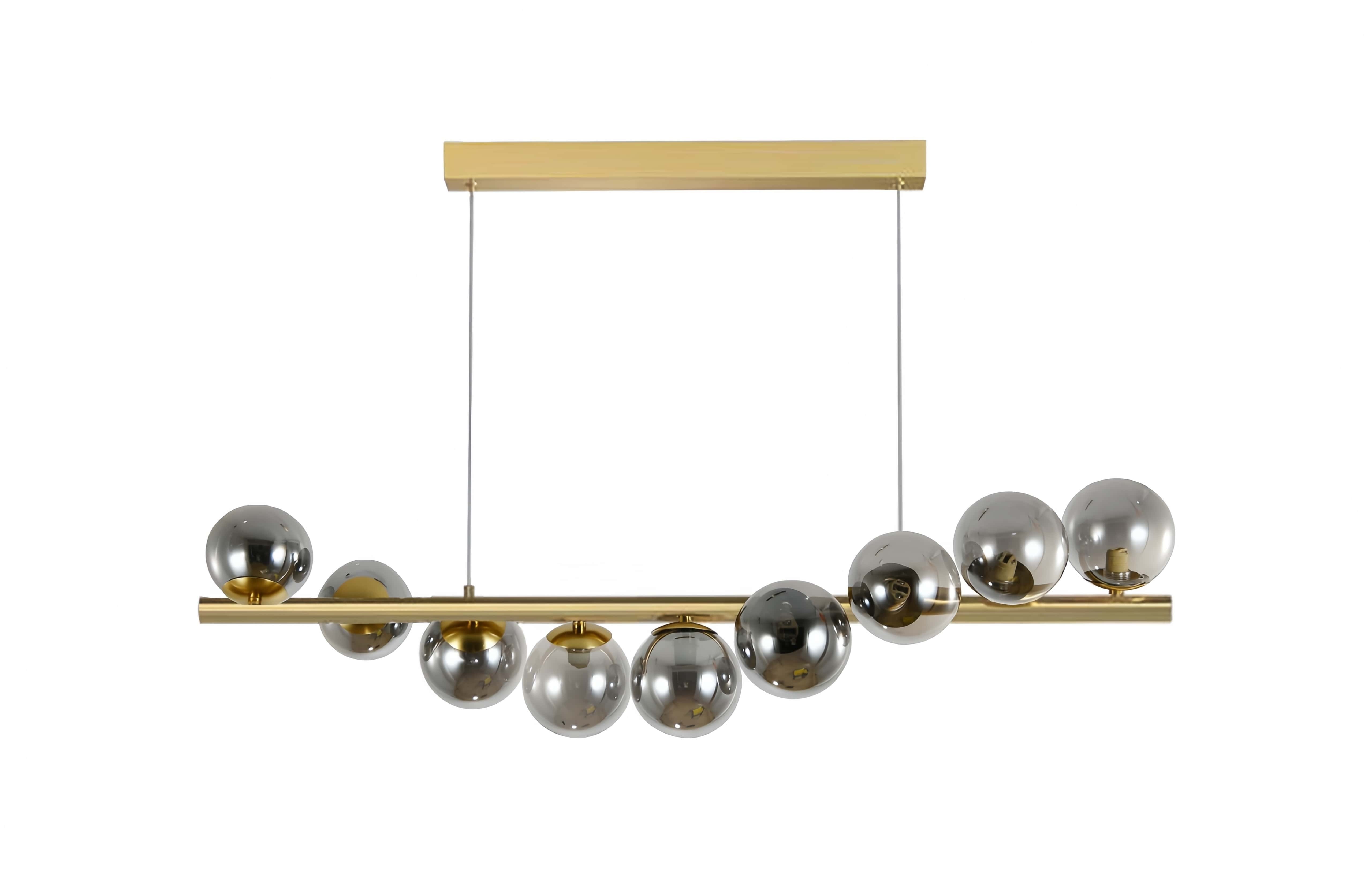 Lustra suspendata cu 9 bile fumurii pe bara aurie, soclu G9, lungime 95 cm, design modern nordic