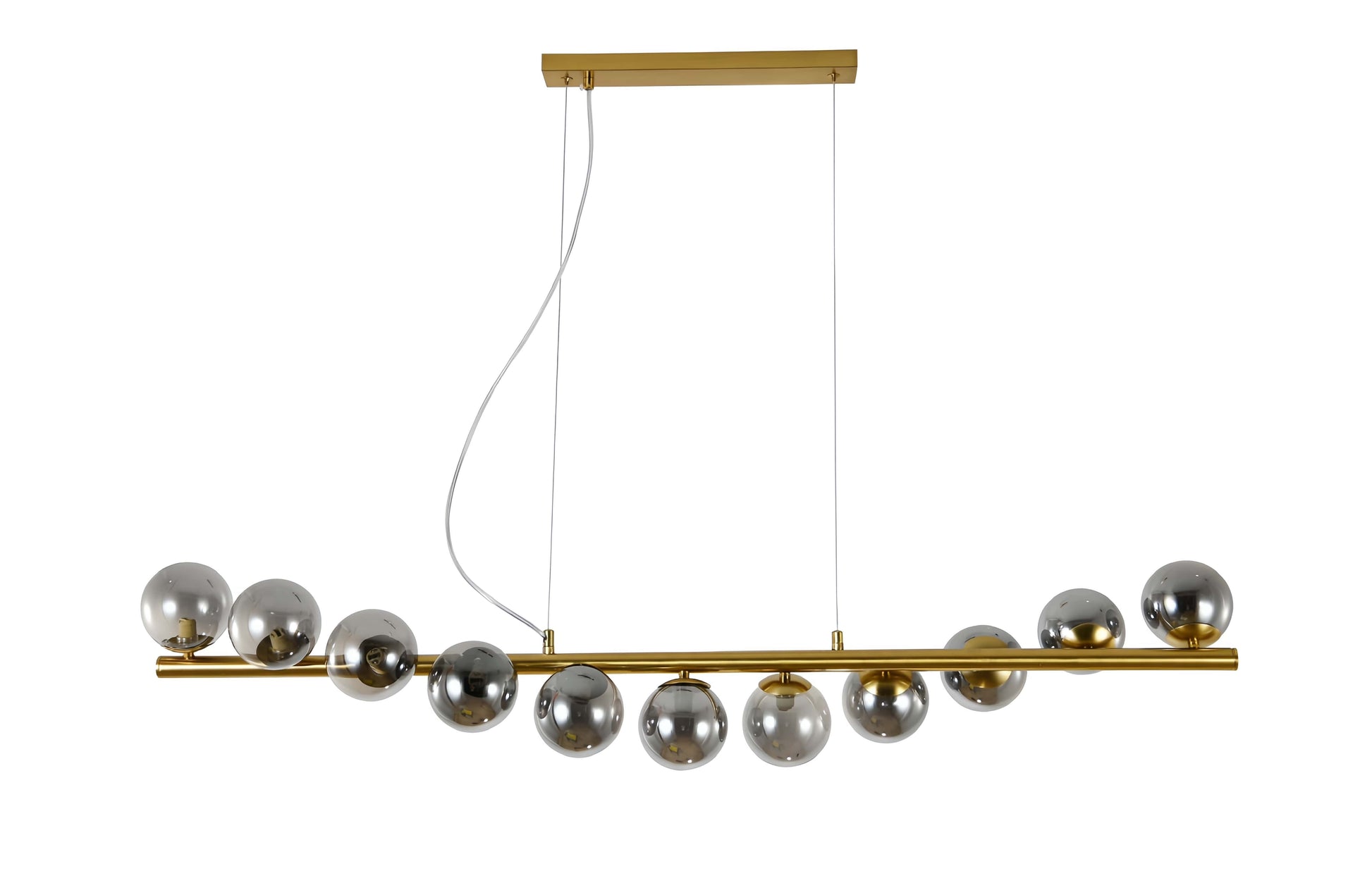 Lustra LED liniara cu 11 bile fumurii, bara aurie mata, soclu G9, lungime 95 cm, design nordic modern