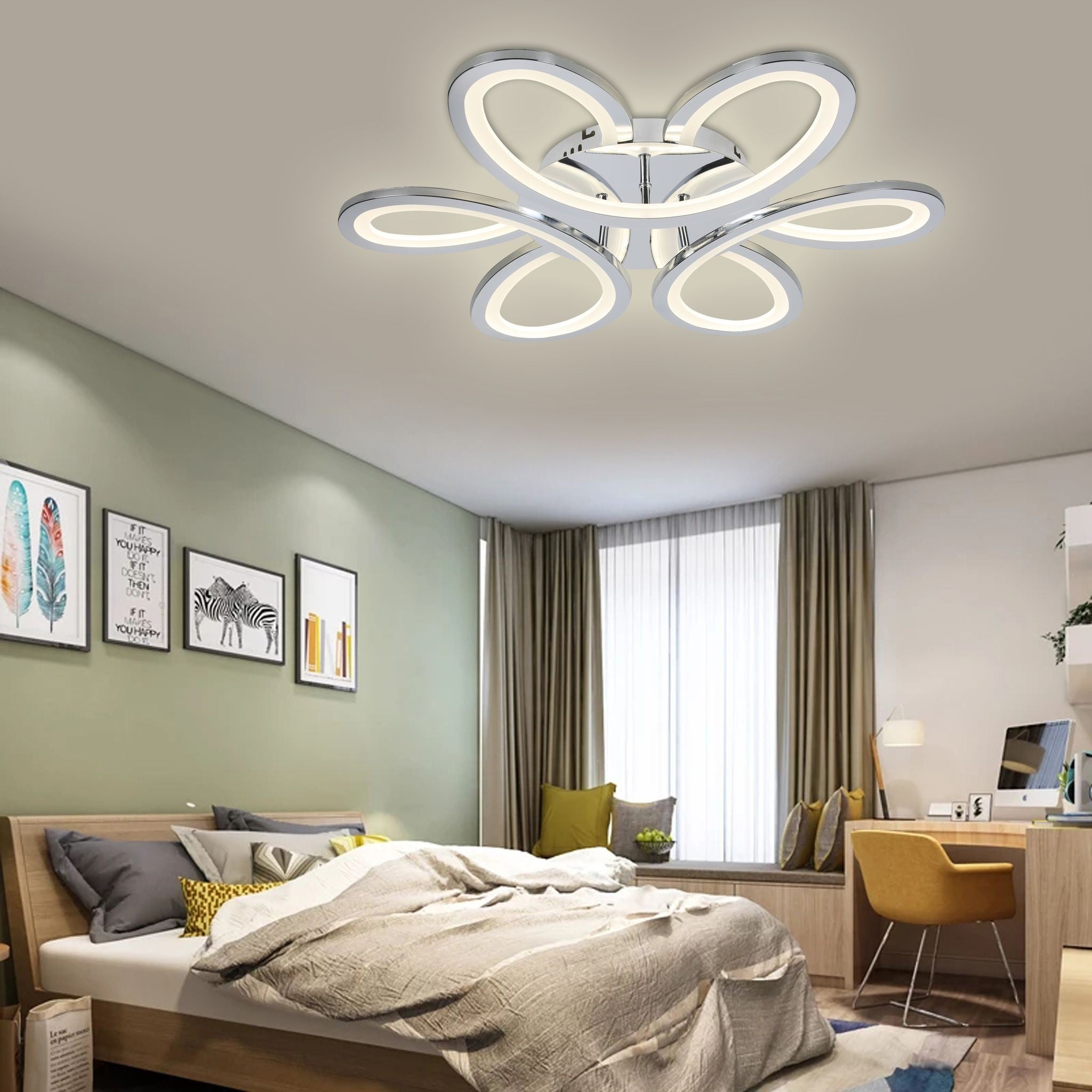 Plafoniera LED fluture montata pe tavan in dormitor modern, iluminare uniforma