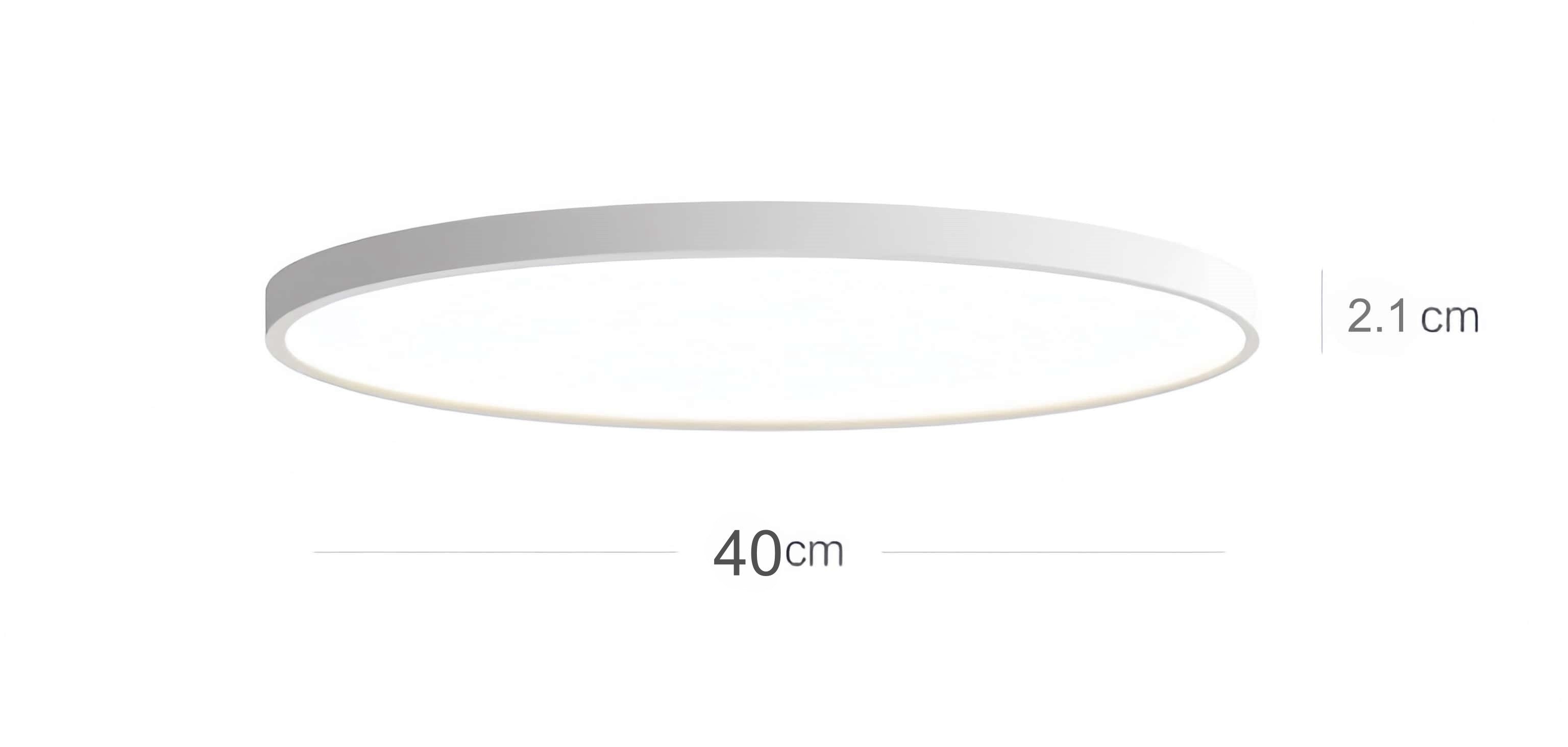 Dimensiuni plafoniera LED rotunda: diametru 40cm, grosime 2.1cm, profil ultra slim vedere laterala