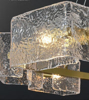 lustra liniara suspendata cu 6 abajururi din sticla texturata efect val, soclu E14, finisaj auriu mat, 700mm