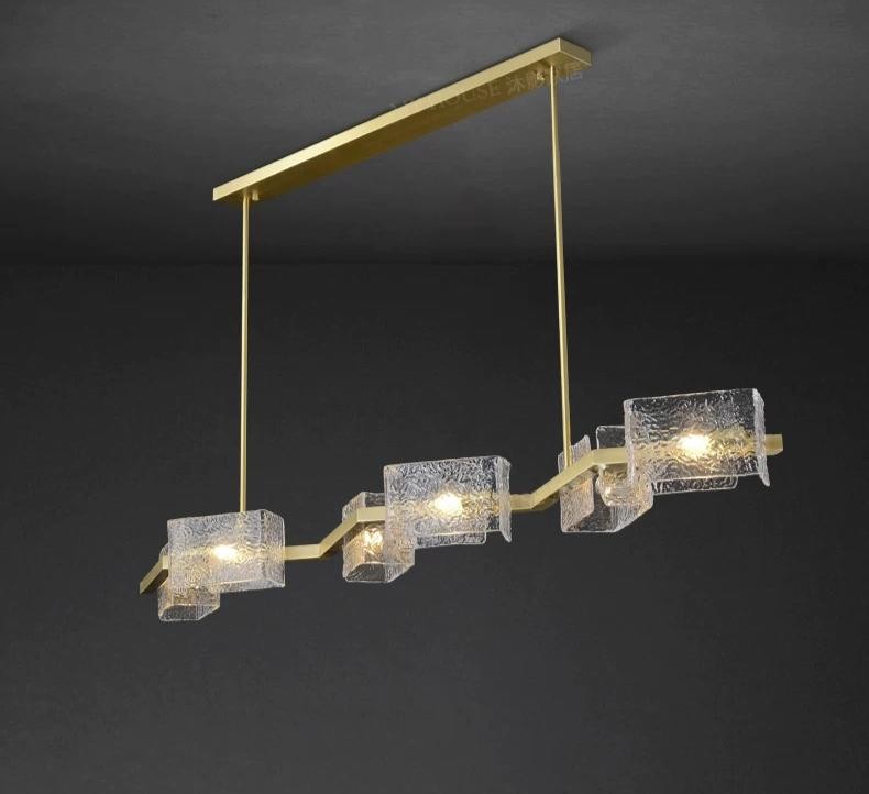 Lustra suspendata liniara aurie cu 6 abajururi din sticla texturata, soclu E14, lungime 150 cm, design luxury modern
