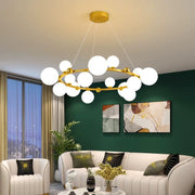 Lustra circulara cu 15 globuri G9 opal, cadru auriu mat, suspendata in living modern, diametru 100 cm