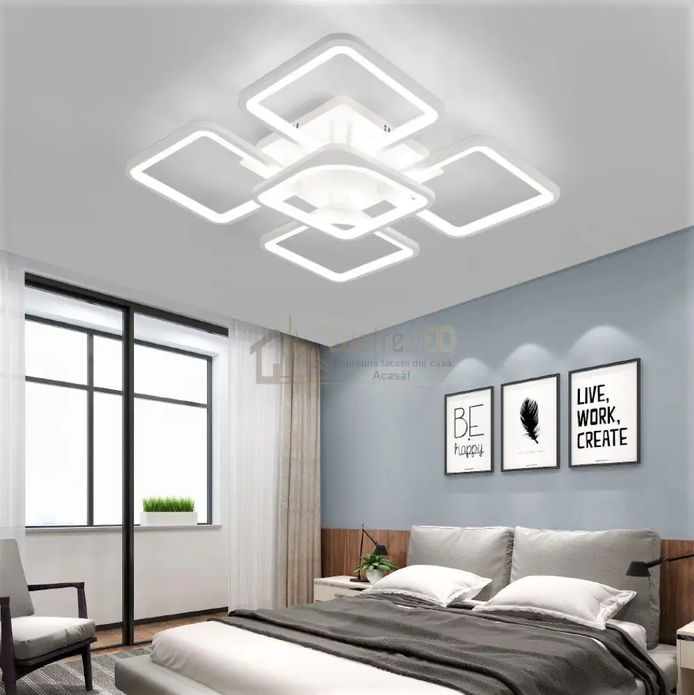 Plafoniera LED patrate 90W, lumina reglabila 3000K-6500K, montaj tavan, design geometric modern pentru dormitor
