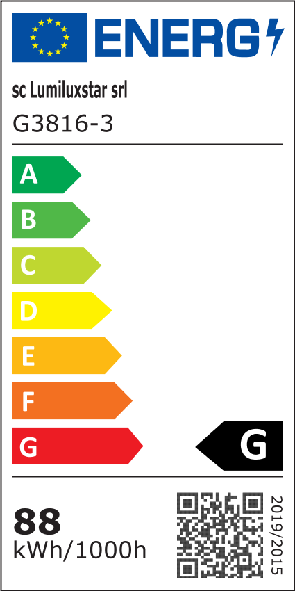 Eticheta energetica clasa G, consum 88 kWh/1000h, lustra LED auriu cu telecomanda WiFi