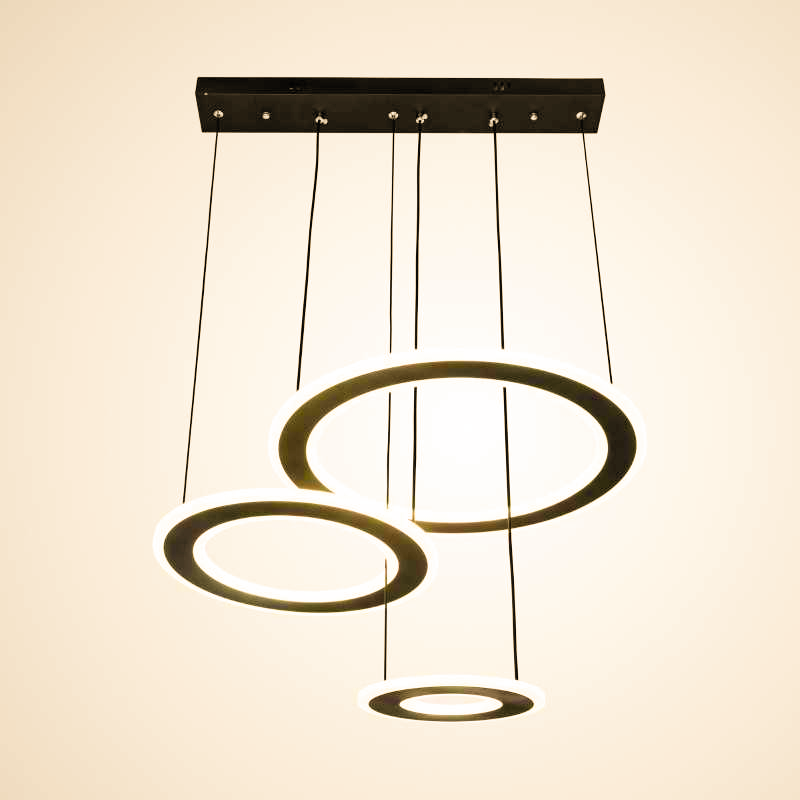Lustra LED suspendata 74W, 3500 lm, 3 inele la inaltimi diferite, lumina reglabila 3000K-6500K, design minimalist maro