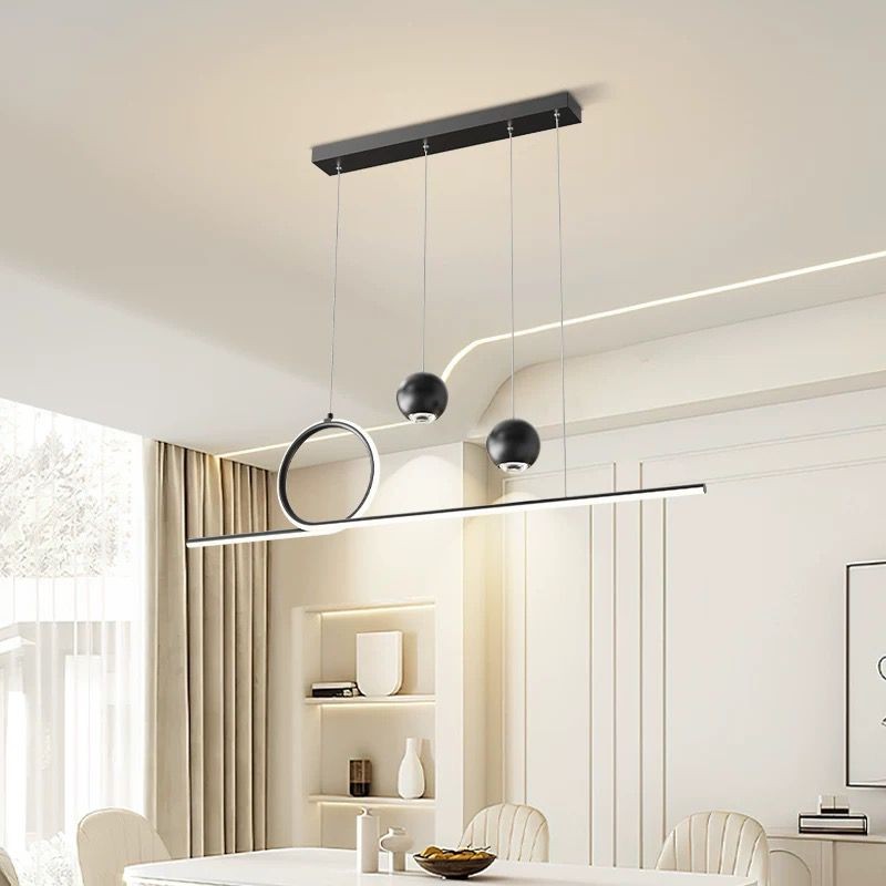 Lustra LED suspendata 96W 4500lm, bara liniara cu inel si sfere, temperatura culoare 3000K-6500K, design modern negru