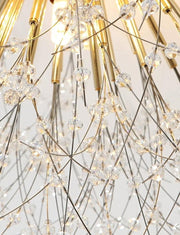 Lustra cristal acrilic auriu, forma papadie, detaliu margele si fire metalice subtiri, montaj tavan, soclu G9